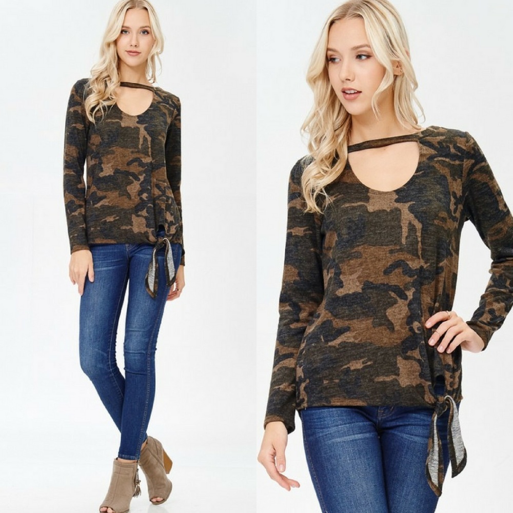 Camo print long sleeve choker sweater top